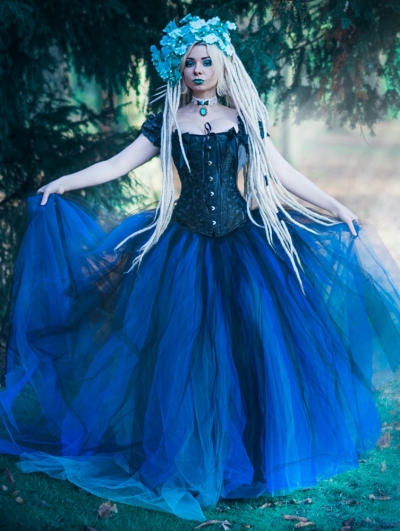 Romantic Gothic Cap Sleeves Blue Corset Long Prom Party Dress 