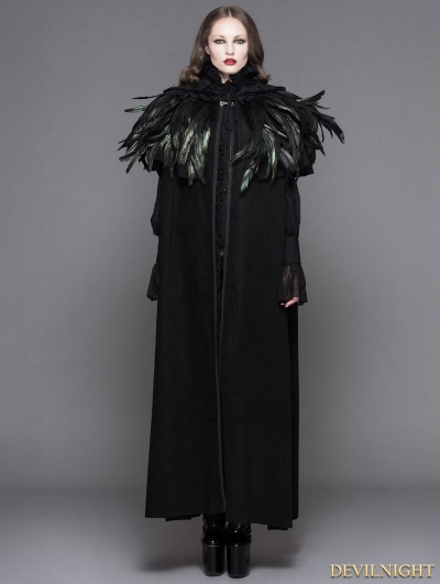 Black Gothic Removable Dark Green Feather Hooded Cape for Women