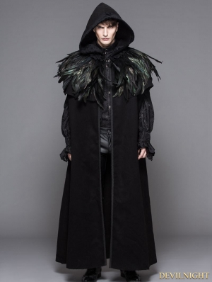 Black Gothic Removable Dark Green Feather Hooded Cape for Men 