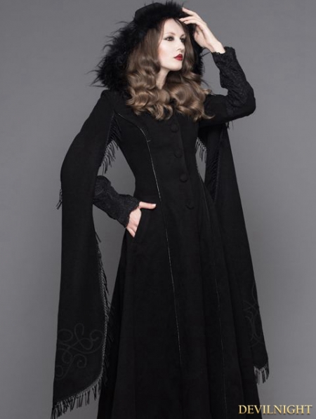 Black Long Hooded Gothic Coat For Women - Devilnight.co.uk C14