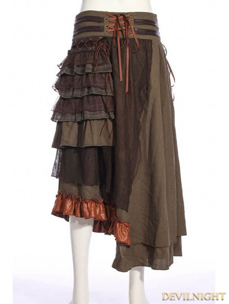 Brown Steampunk Splicing Long Skirt - Devilnight.co.uk