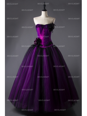 Romantic Purple and Black Feather and Flower Gothic Corset Long Prom Dress  