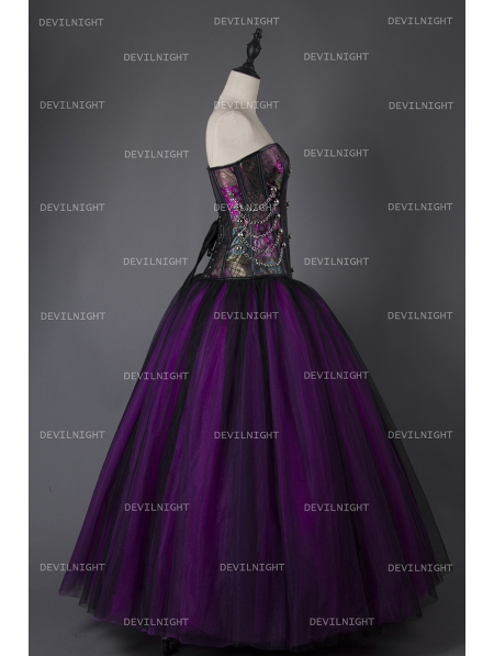 Purple and Black Steampunk Style Gothic Corset Long Prom Dress 