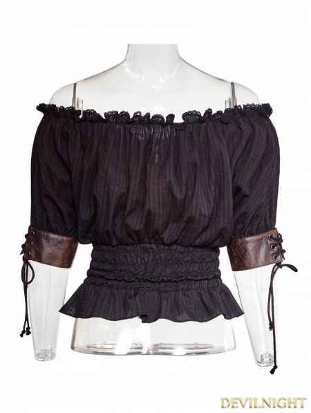 Black Steampunk Slash Neck T-shirt for Women - Devilnight.co.uk