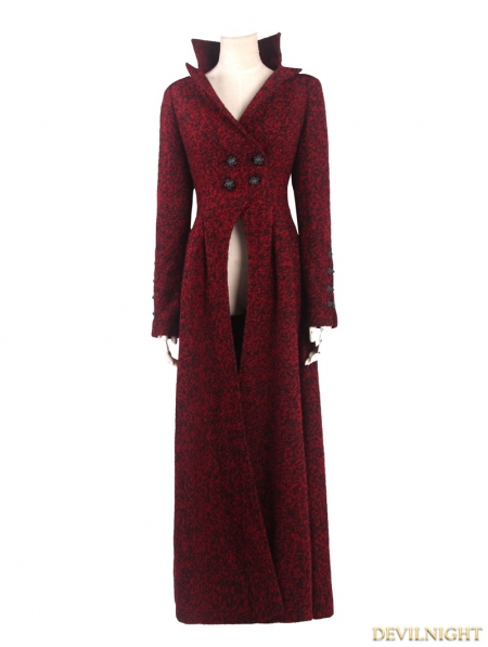 Gothic Woolen Black and Red Women Long Coat With Hat - Devilnight.co.uk