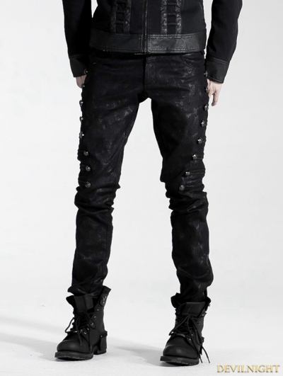 Black Gothic Male Rivet Side Decorated Jeans 