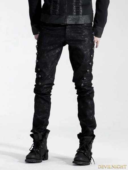 Black Gothic Male Rivet Side Decorated Jeans - Devilnight.co.uk