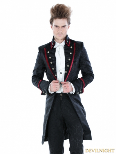 Black Gothic Palace Style Mens Long Jacket with Red Hem