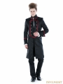 Black Gothic Military Style Male Long Coat with Red Hem