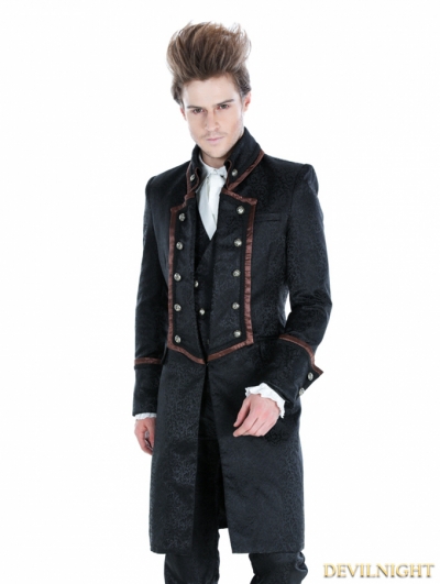 Black Gothic Military Style Male Long Coat with Coffee Hem