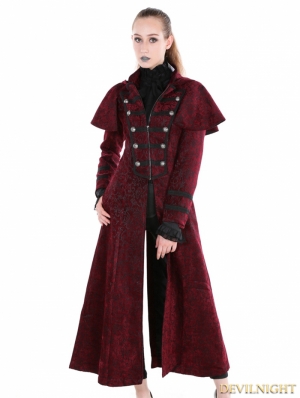 Red Gothic Military Style Long Hoodie Cape Coat For Women