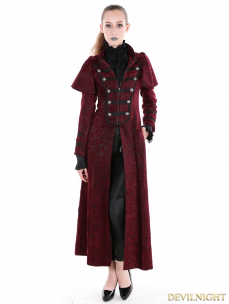 Red Gothic Military Style Long Hoodie Cape Coat For Women - Devilnight ...