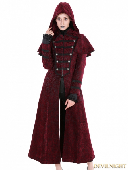 Red Gothic Military Style Long Hoodie Cape Coat For Women - Devilnight ...