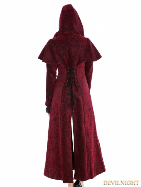 Red Gothic Military Style Long Hoodie Cape Coat For Women - Devilnight ...