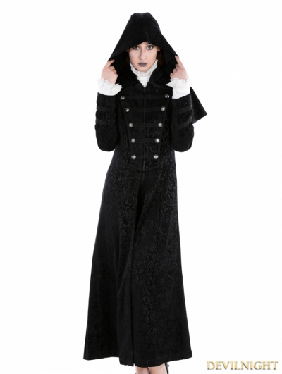 Black Gothic Military Style Long Hoodie Cape Coat For Women