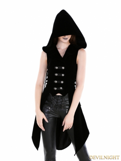 Black Gothic Military Womens Long Vest with Hood