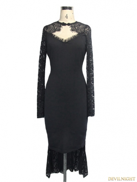 Black Gothic Pencil Midi Dress with Lace Sleeves - Devilnight.co.uk