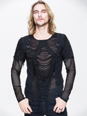 Black Gothic Hole Mesh Shirt for Men