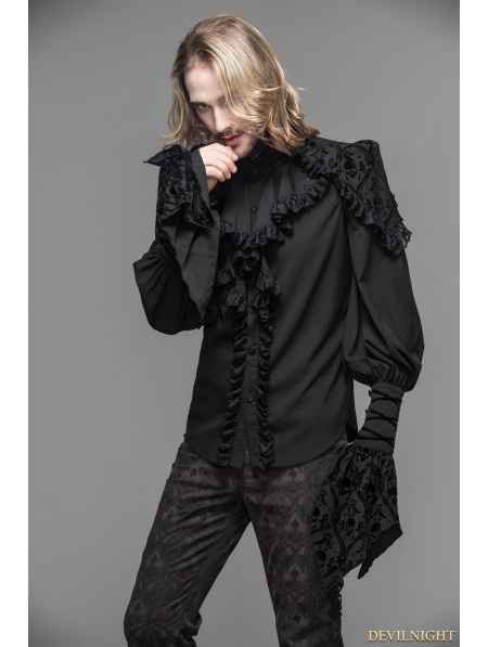 Black Gothic Long Sleeves Ruffles Shirt for Men - Devilnight.co.uk