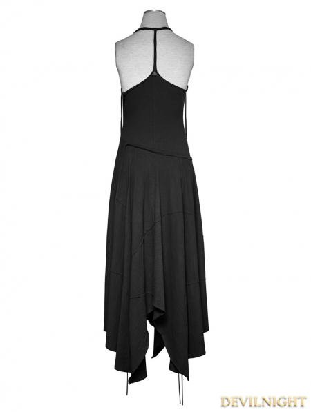Black Gothic Suspender Asymmetric Long Dress - Devilnight.co.uk