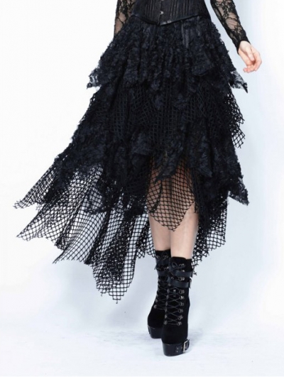 Black Gothic Punk Messy Mesh and Lace Skirt