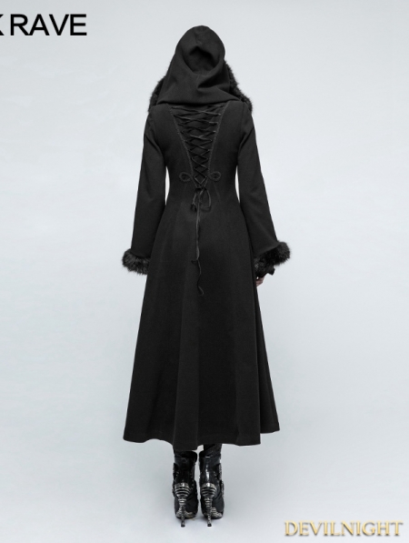 Black Gothic Disc Flowers Long Winter Fur Coat for Women - Devilnight.co.uk