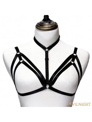 Black Gothic Harness Elastic Cupless Bra