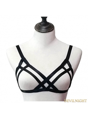 Black Elastic Gothic Sexy Harness Cupless Bra