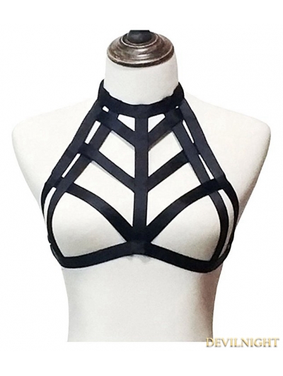 Black Elastic Gothic Harness Cupless Cage Bra