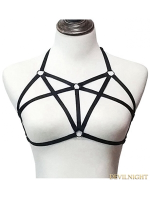 Black Elastic Hollow Out Gothic Harness Cupless Bra