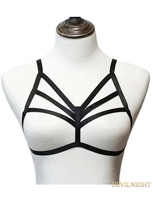 Black Elastic Sexy Gothic Harness Cupless Bra