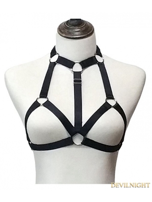 Black Elastic Gothic Hollow Out Harness Cupless Cage Bra