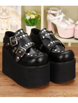 Black Gothic Punk PU Leather Rivet Buckle Belt Platform Shoes