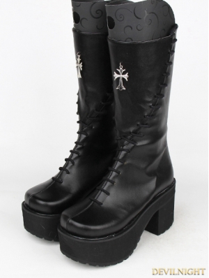 Black Gothic Punk Cross PU Leather High Heel Boots