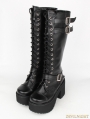 Black Gothic Punk PU Leather Lace Up Belt High Heel Knee Boots