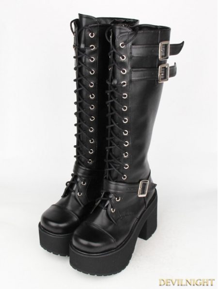 Black Gothic Punk PU Leather Lace Up Belt High Heel Knee Boots ...