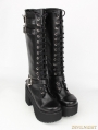 Black Gothic Punk PU Leather Lace Up Belt High Heel Knee Boots