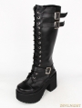 Black Gothic Punk PU Leather Lace Up Belt High Heel Knee Boots
