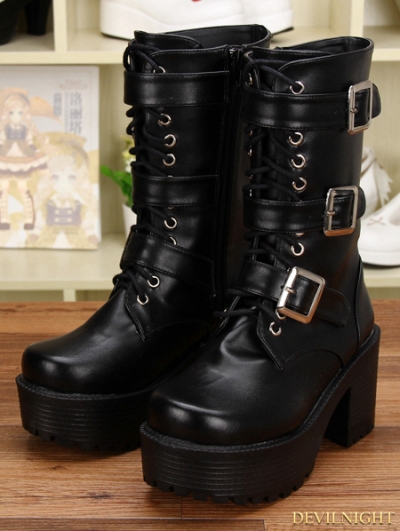 Black Gothic Punk PU Leather Lace Up Buckle Belt Mid-Calf Boots