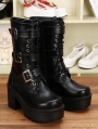 Black Gothic Punk PU Leather Lace Up Buckle Belt Mid-Calf Boots
