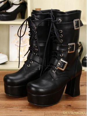 Black Gothic PU Leather Buckle Belt Lace Up Chunky Heel Mid-calf Boots