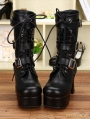 Black Gothic PU Leather Buckle Belt Lace Up Chunky Heel Mid-calf Boots