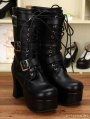 Black Gothic PU Leather Buckle Belt Lace Up Chunky Heel Mid-calf Boots