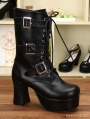 Black Gothic PU Leather Buckle Belt Lace Up Chunky Heel Mid-calf Boots