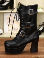 Black Gothic PU Leather Buckle Belt Lace Up Chunky Heel Mid-calf Boots