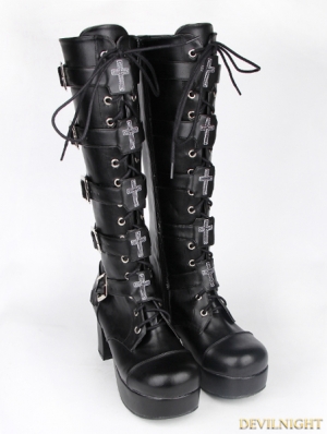 Black Gothic Punk PU Leather Lace Up Cross Belt High Heel Knee Boots