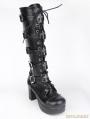 Black Gothic Punk PU Leather Lace Up Cross Belt High Heel Knee Boots