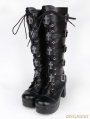 Black Gothic Punk PU Leather Lace Up Cross Belt High Heel Knee Boots