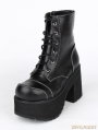 Black Gothic PU Leather Lace Up Platform Chunky Heel Mid-Calf Boots