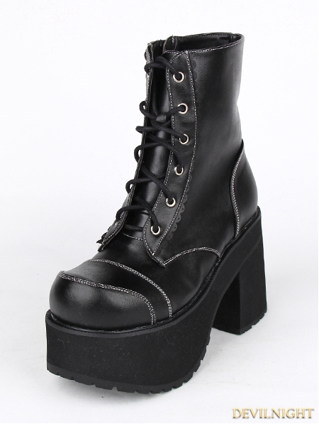 Black Gothic PU Leather Lace Up Platform Chunky Heel Mid-Calf Boots ...